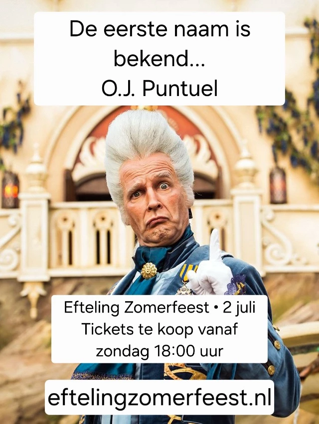 De eerste naam is bekend… 👀 O.J. Puntuel presenteert op 2 juli het Efteling Zomerfeest in het Fata Morgana Paleis! Tickets vanaf zondag 18:00 uur via eftelingzomerfeest.nl Ga jij er heen? #EftelingZomerfeest #Efteling