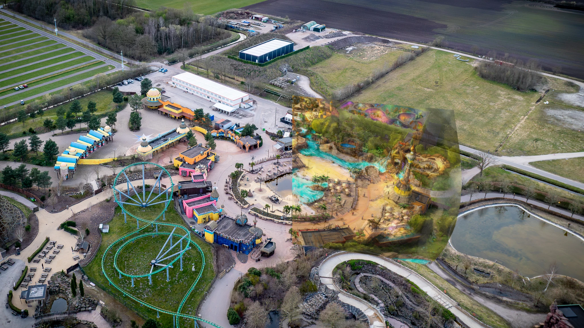 We hebben de ontwerptekening van Toverland over een dronefoto gelegd, zodat je beter ziet hoe het aansluit. #Toverland #ontwerptekening #dronefoto #luchtfoto #themeparks #limburg